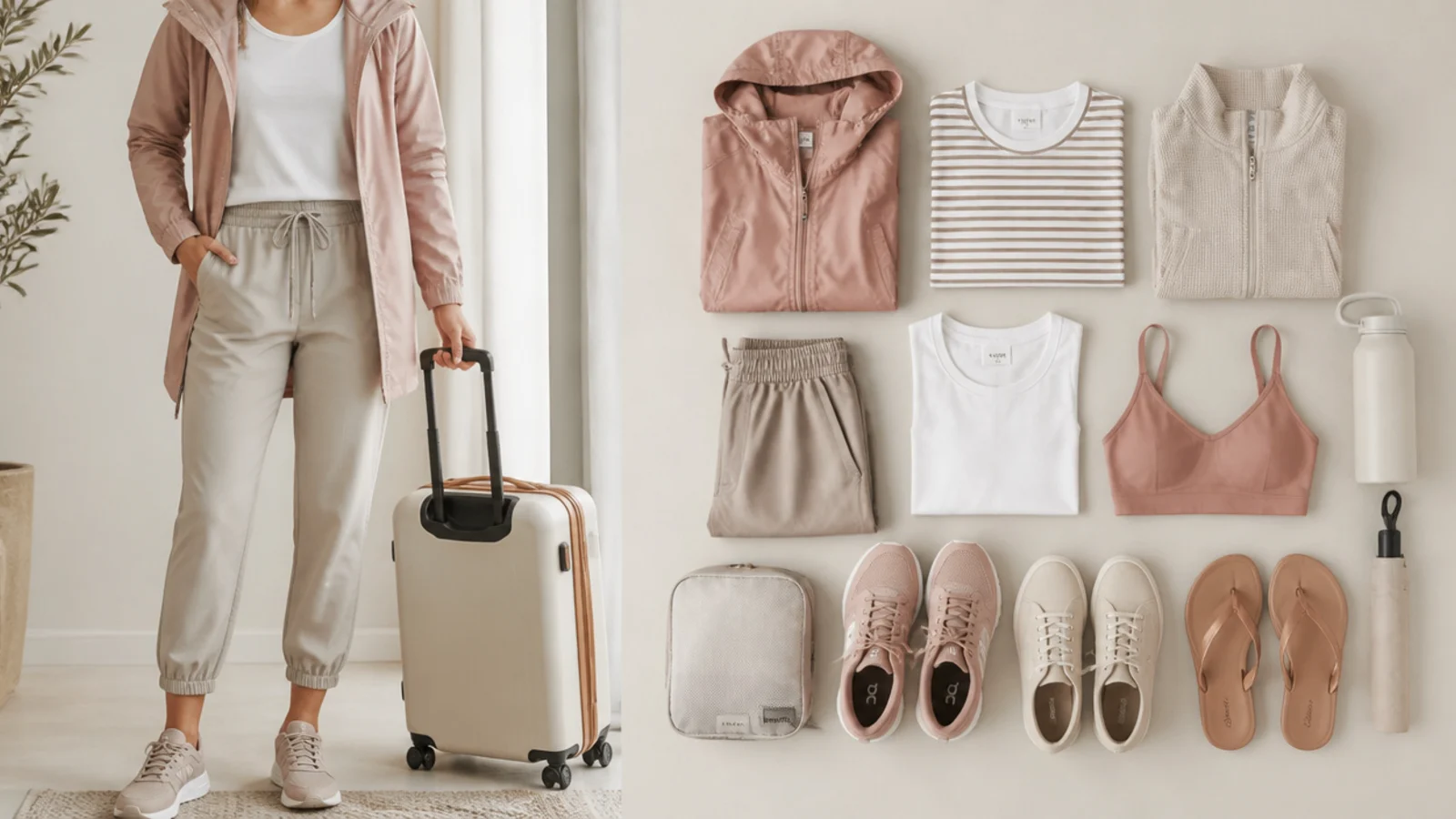 Faceless flat-lay of a rainy-vacation packing list with quick-dry layers, a packable shell and three pairs of shoes