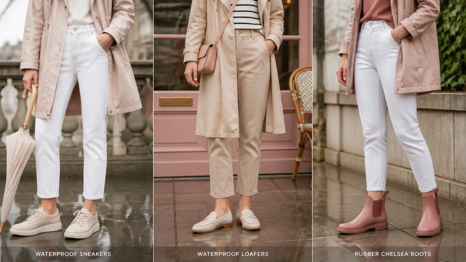 Faceless comparison of waterproof sneakers, waterproof loafers and rubber Chelsea boots for a rainy vacation