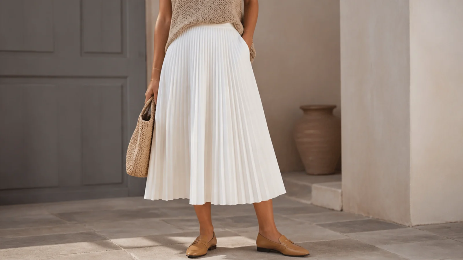 Faceless waist-down shot of tan leather loafers worn with a pleated white midi skirt