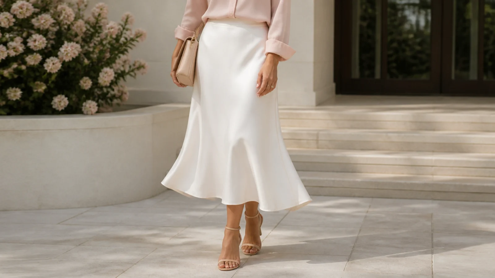 Faceless waist-down shot of nude strappy heeled sandals worn with a white satin midi skirt