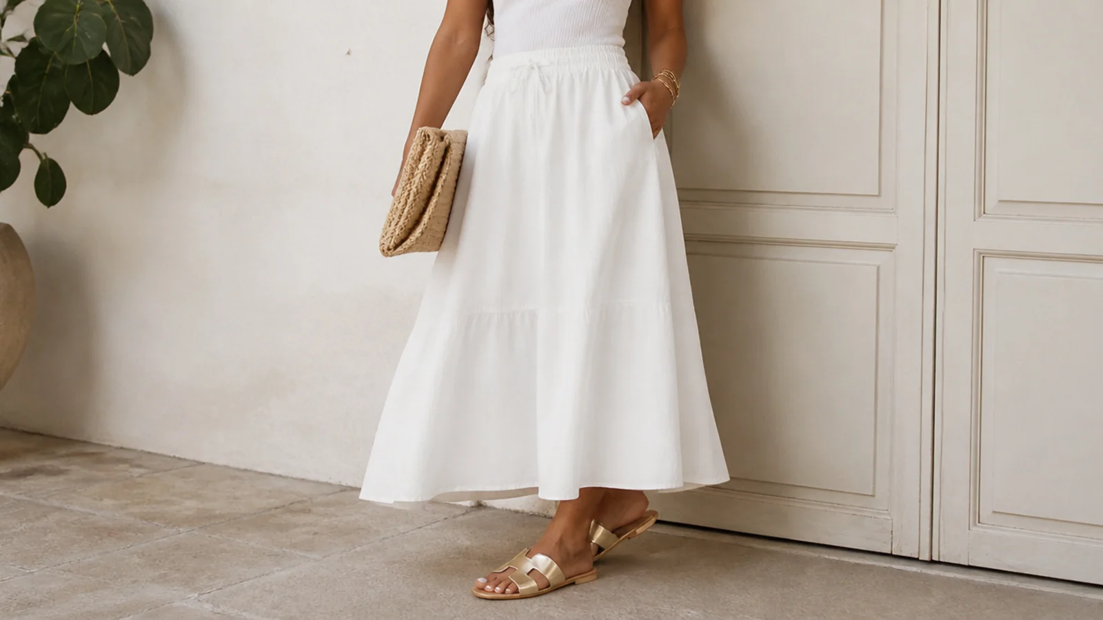 Faceless waist-down shot of gold metallic slide sandals worn with an all-white skirt outfit