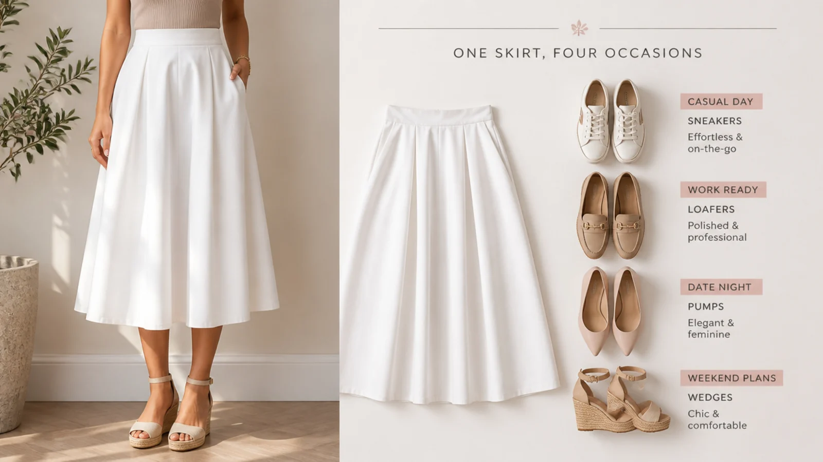 Faceless flat-lay of sneakers, loafers, pointed pumps and espadrille wedges labeled by occasion beside a white skirt