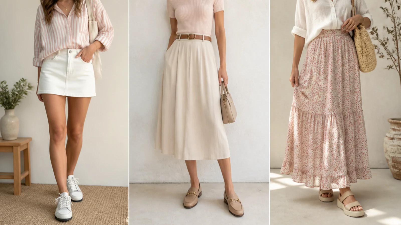 Faceless flat-lay pairing sneakers with a mini, loafers with a midi and platform sandals with a maxi skirt