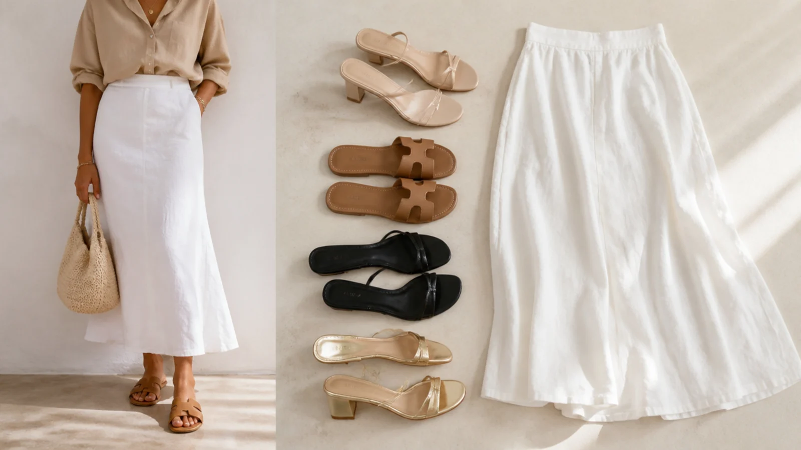 Faceless flat-lay of nude, tan, black and gold shoes arranged beside a white skirt to show color pairings