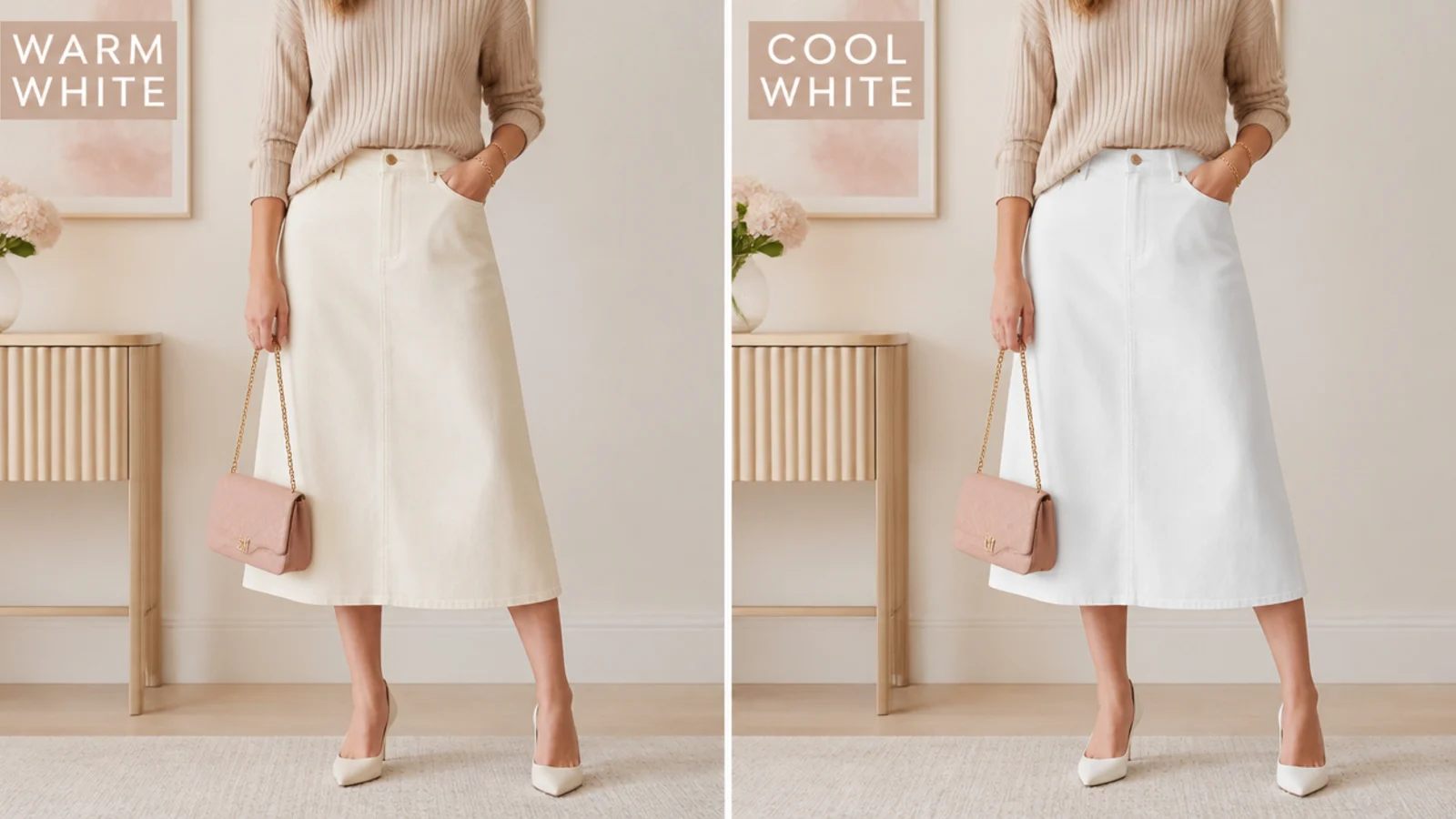 Faceless comparison of warm-white shoes matched to a warm-white skirt versus a cool-white mismatch