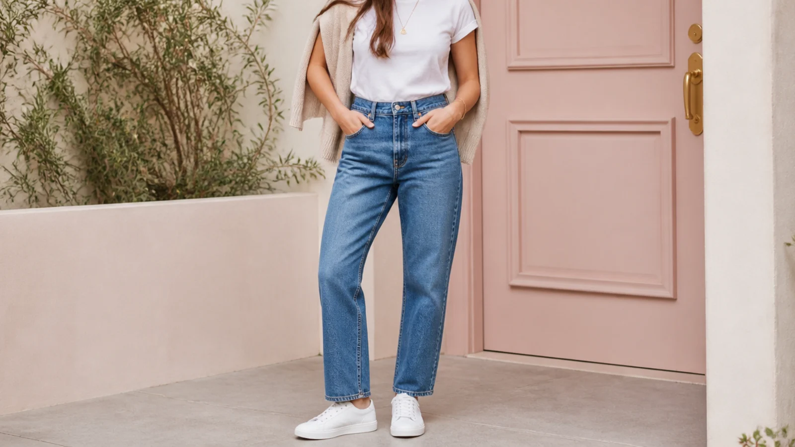Faceless outfit with white leather sneakers, mid-blue straight-leg jeans and a tucked white tee