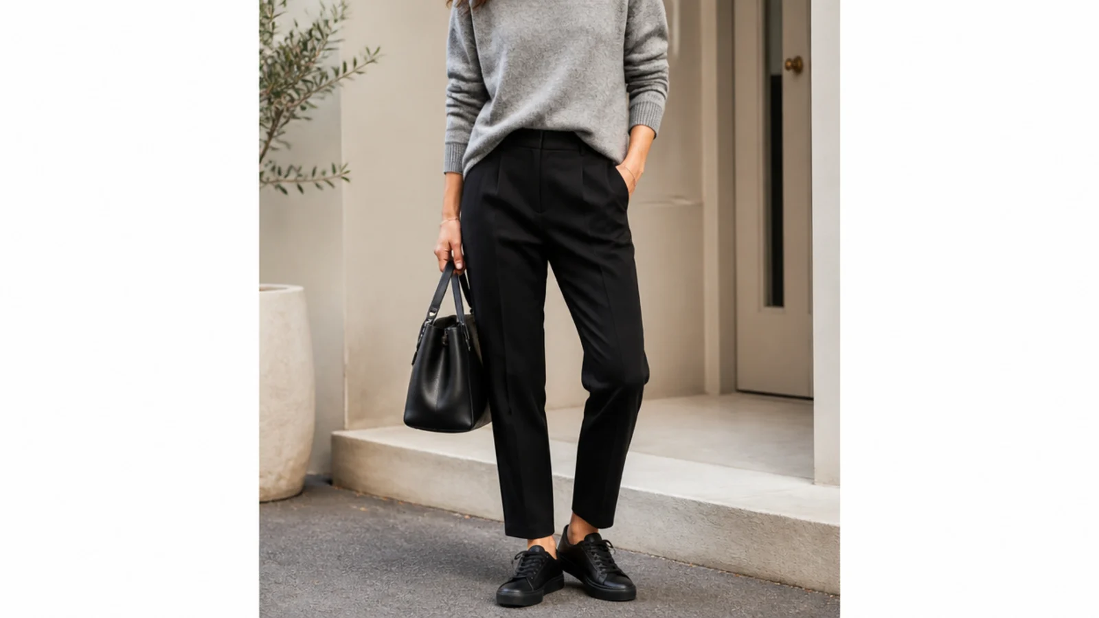 Faceless outfit with black low-top sneakers, black tailored trousers and a gray fine-knit sweater