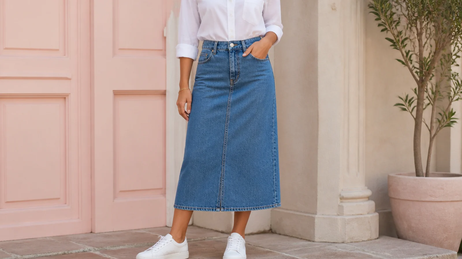 Faceless outfit with white leather sneakers, a mid-blue denim midi skirt and a tucked white shirt