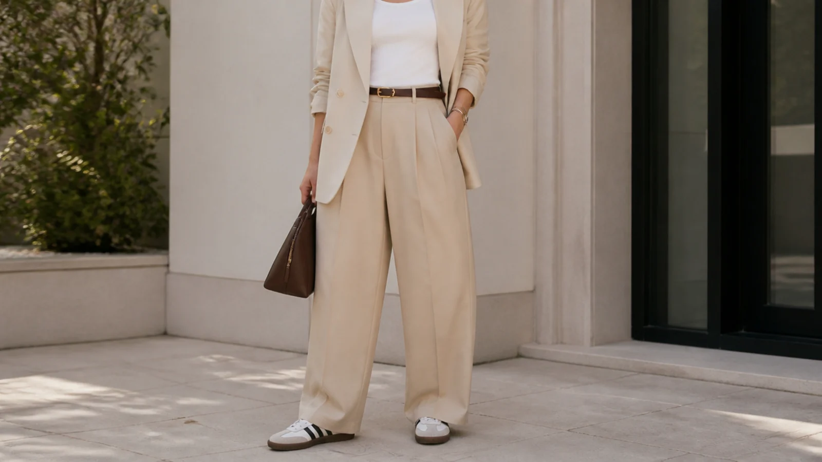 Faceless outfit with black-and-white Samba sneakers, sand wide-leg trousers and an oatmeal blazer