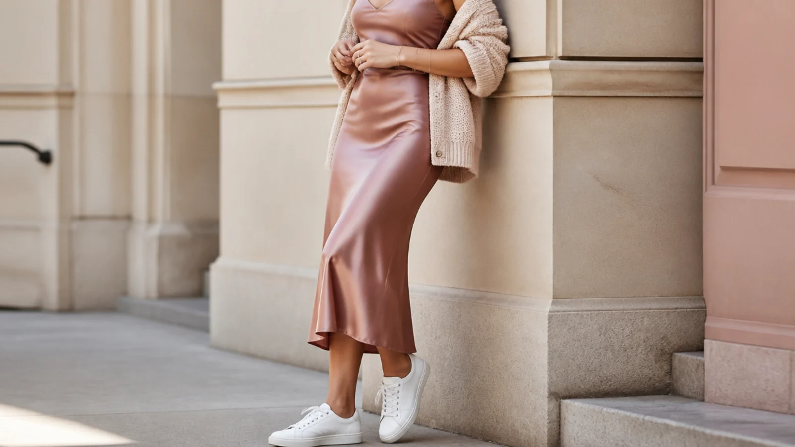 Faceless outfit with white leather sneakers, a satin bias-cut midi slip dress and no-show socks