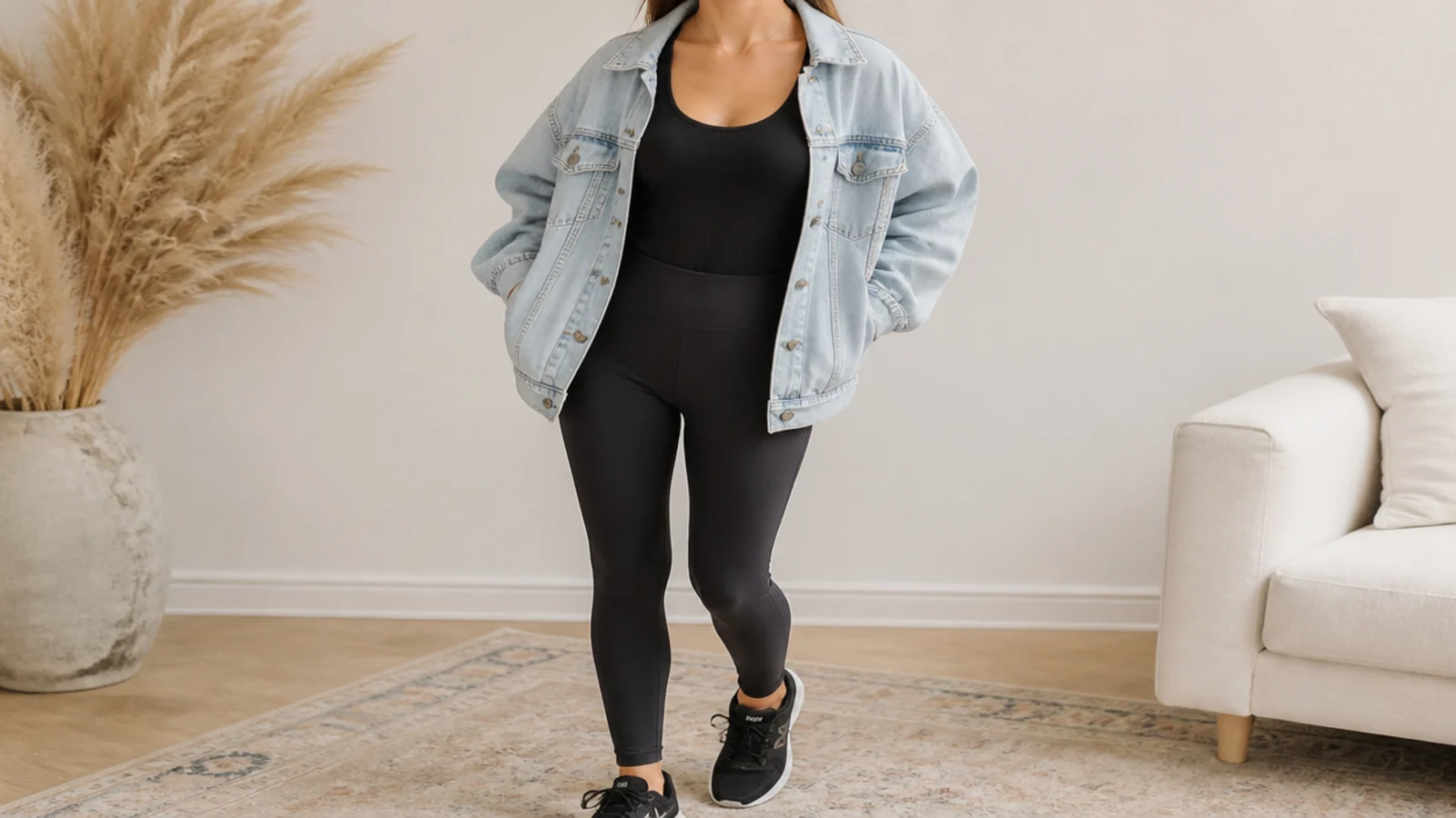 Faceless athleisure outfit with black sneakers, black leggings, a fitted tank and an oversized denim jacket