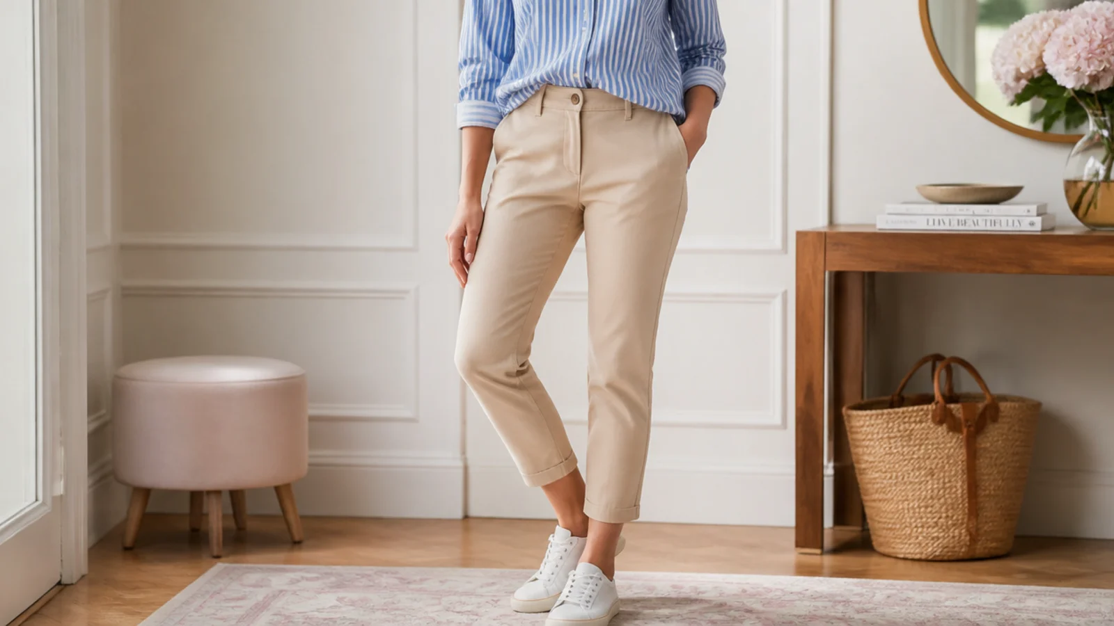 Faceless outfit with white leather sneakers, beige cropped chinos and a blue-and-white striped shirt