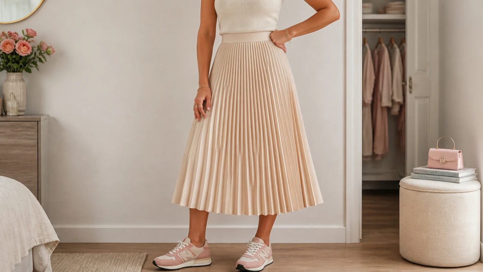 Faceless outfit with retro suede-and-mesh runners, a pleated midi skirt and a tucked ribbed tank