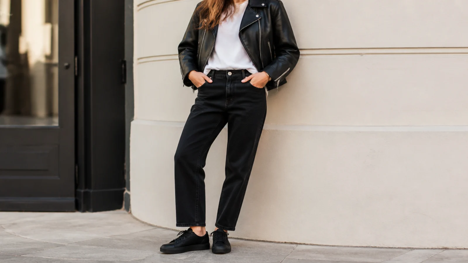 Faceless outfit with black low-top sneakers, black straight jeans, a white tee and a black leather jacket