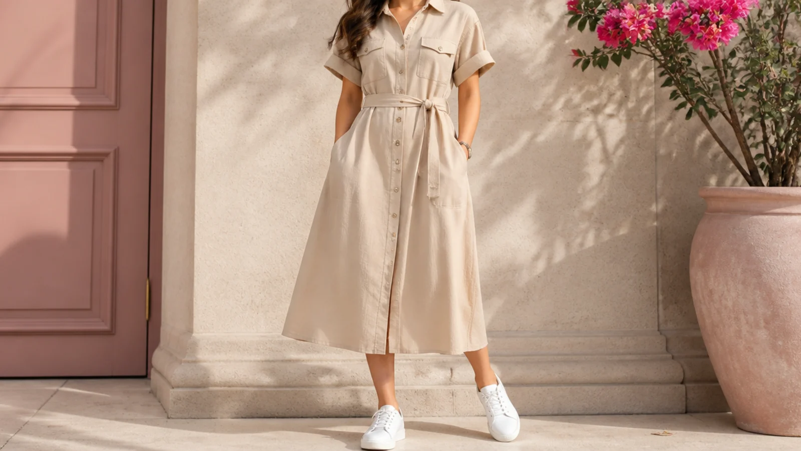 Faceless outfit with white leather sneakers and a belted mid-length cotton shirt dress