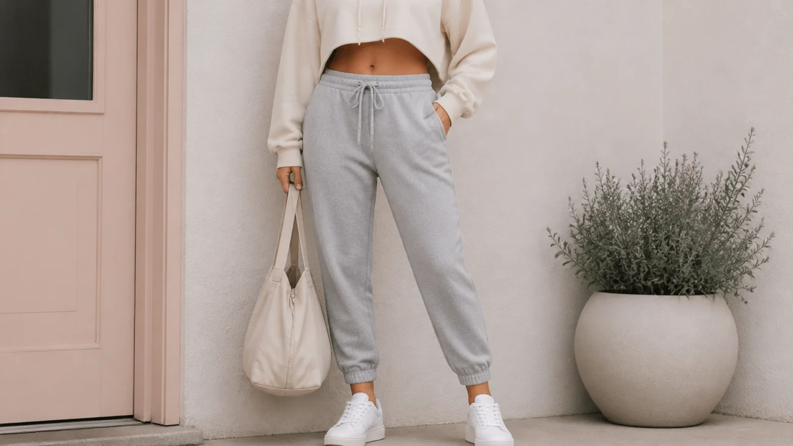 Faceless athleisure outfit with white sneakers, tapered gray sweatpants and a cropped cream hoodie