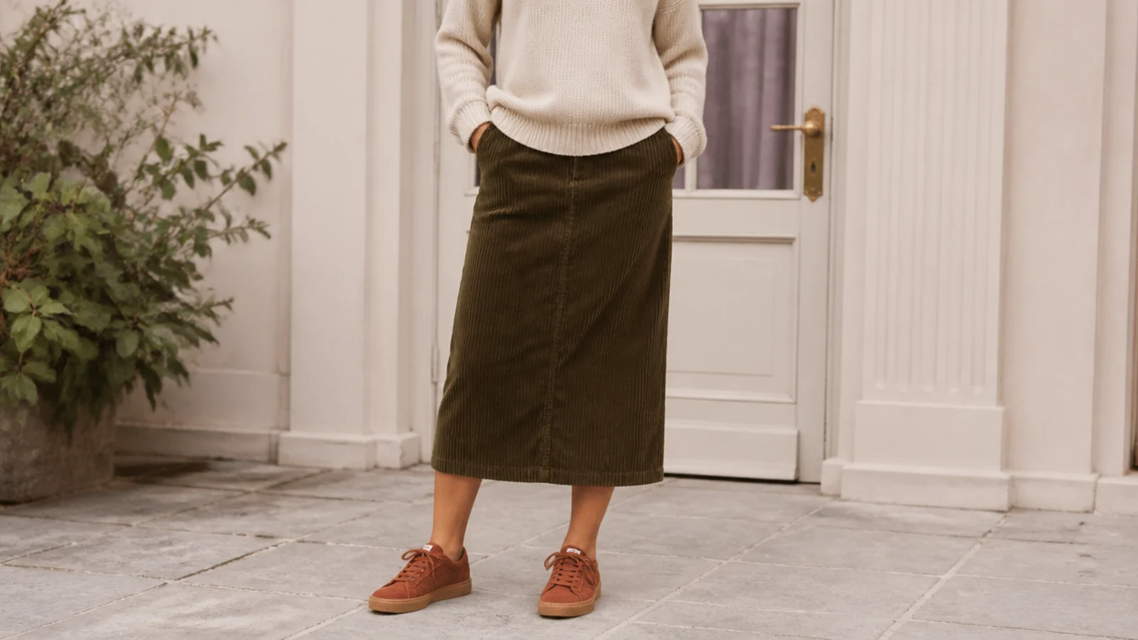 Faceless outfit with rust suede sneakers, an olive corduroy midi skirt and a cream fine-knit sweater