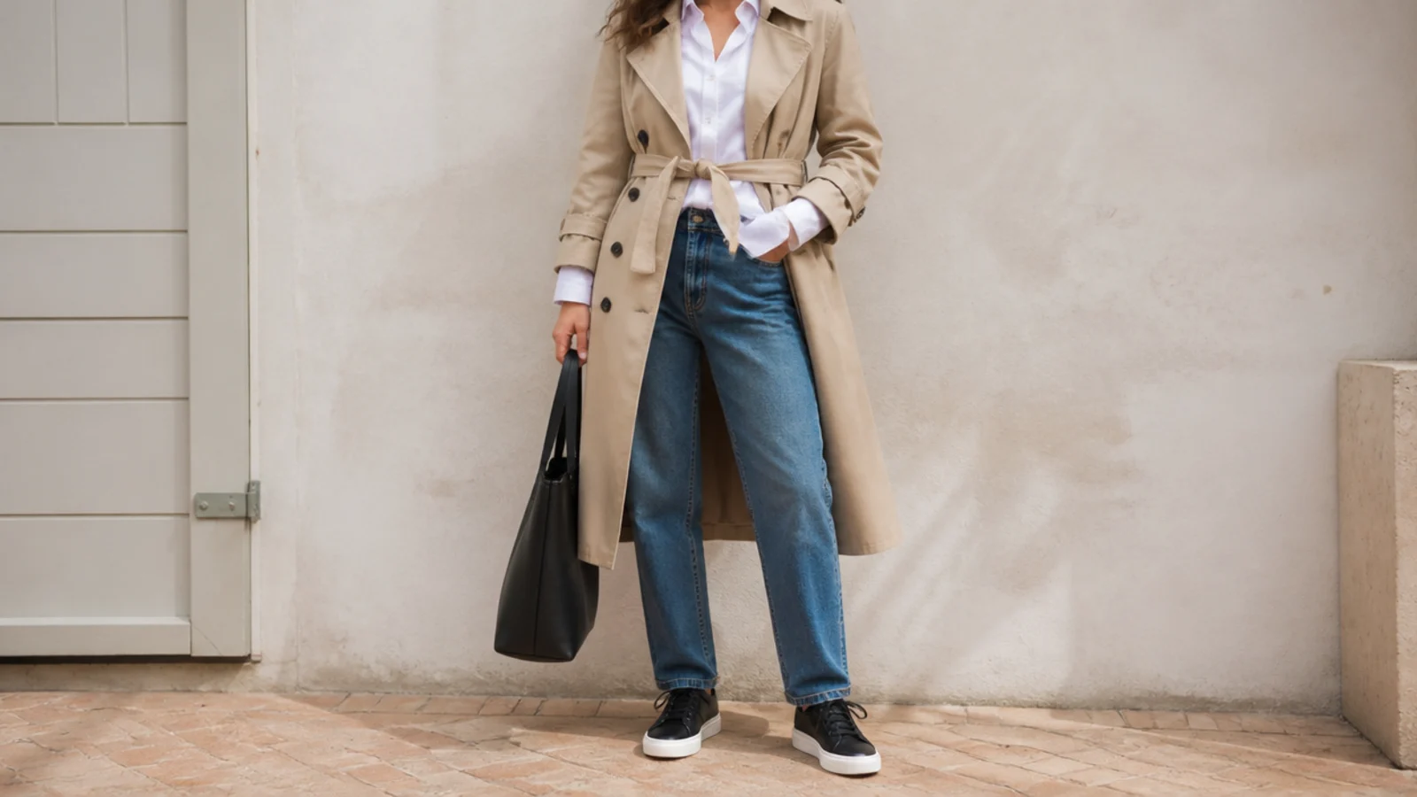 Faceless outfit with black low-top sneakers, mid-blue straight jeans, a white shirt and a belted beige trench