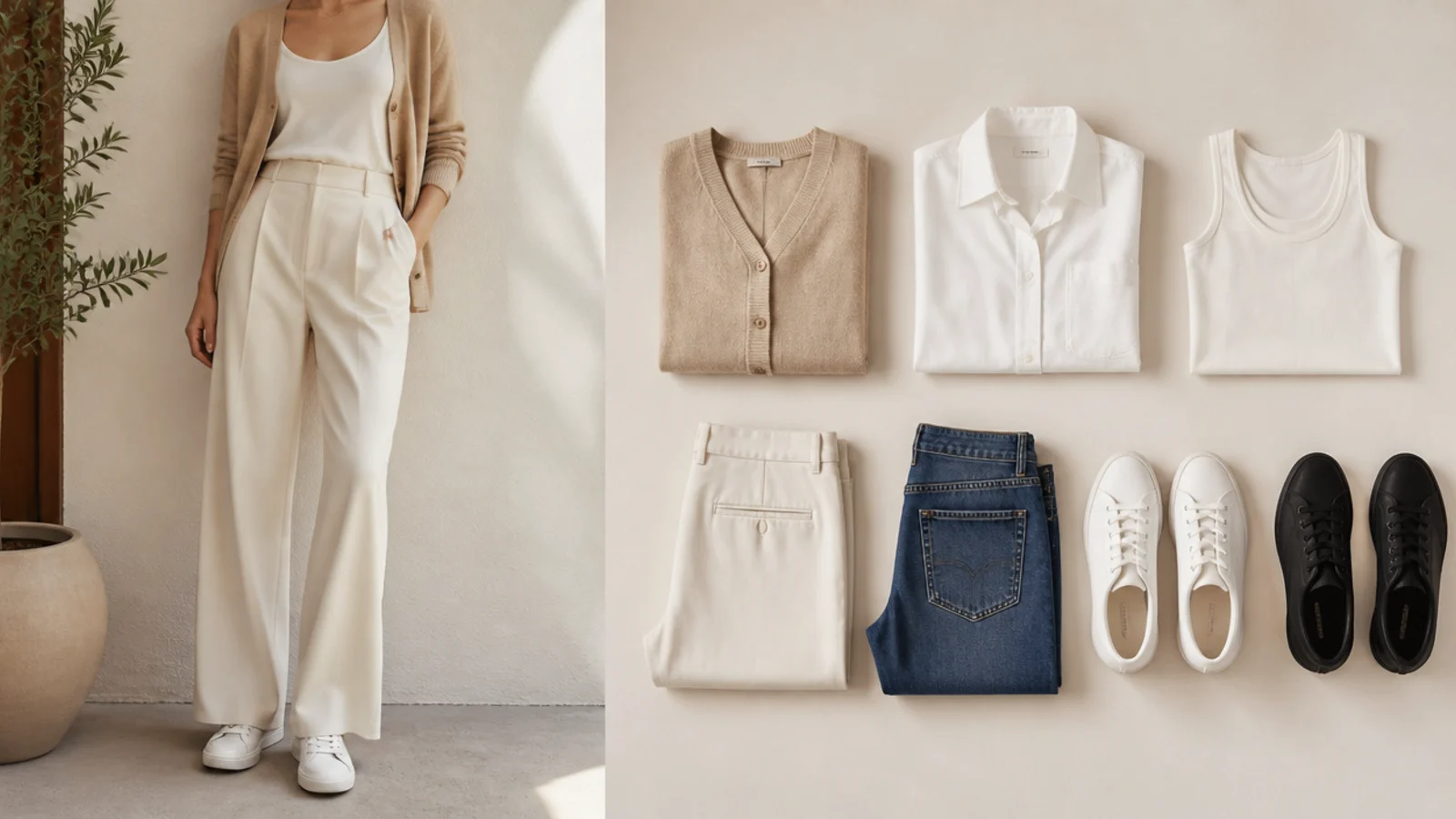 Faceless flat-lay of a white leather sneaker, a black low-top and five base garments arranged as a capsule