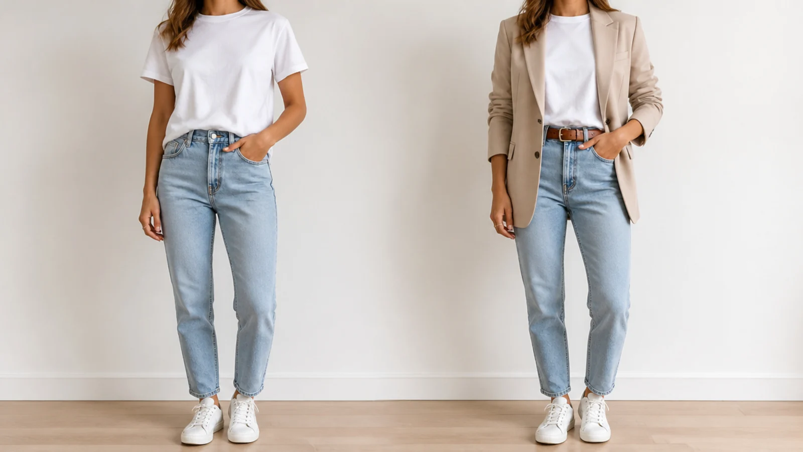 Faceless comparison of a plain tee-jeans-sneaker outfit beside the same base elevated with a blazer and belt
