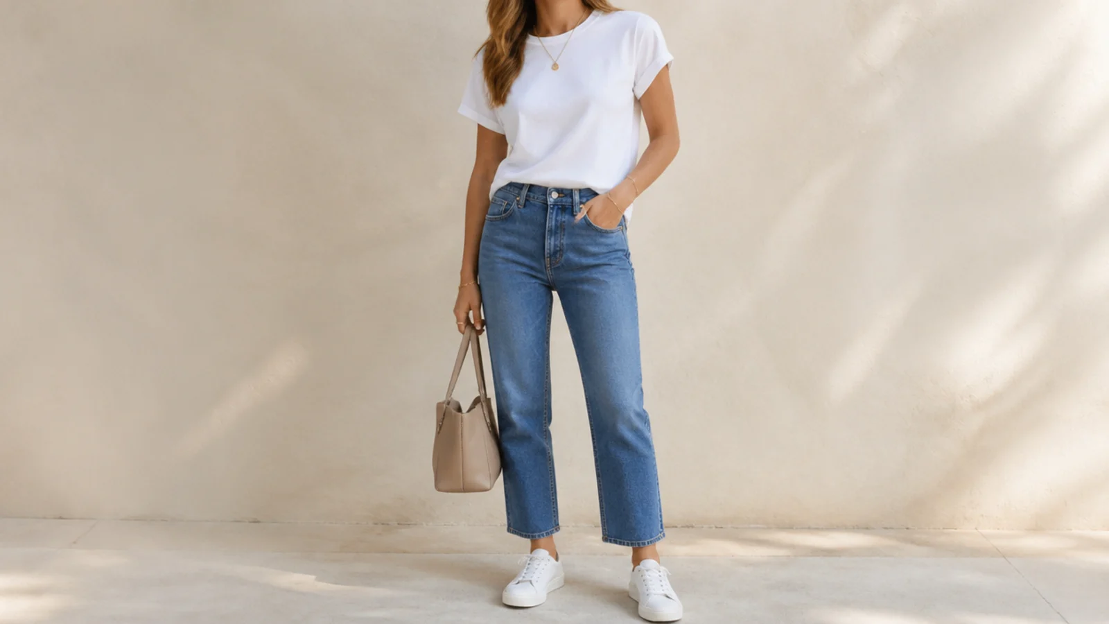 Faceless sneaker outfit formula with white leather sneakers, mid-blue straight jeans and a white tee arranged to copy