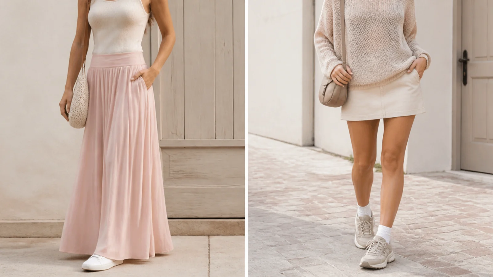 Faceless comparison of a sleek sneaker under a maxi hem and a chunky runner with a mini skirt