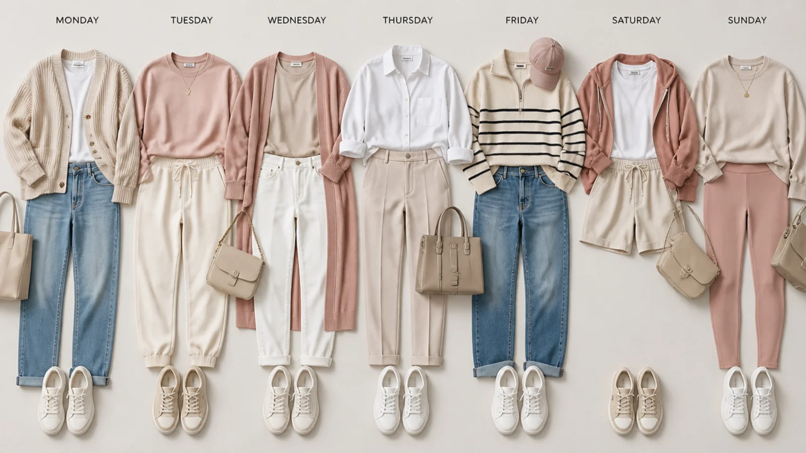 Faceless flat-lay of seven sneaker outfits laid in a row from Monday to Sunday as a weekly plan