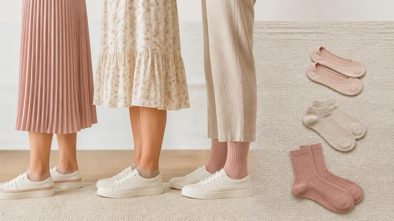 Faceless flat-lay of no-show socks, low ankle socks and crew socks laid beside three different hemlines
