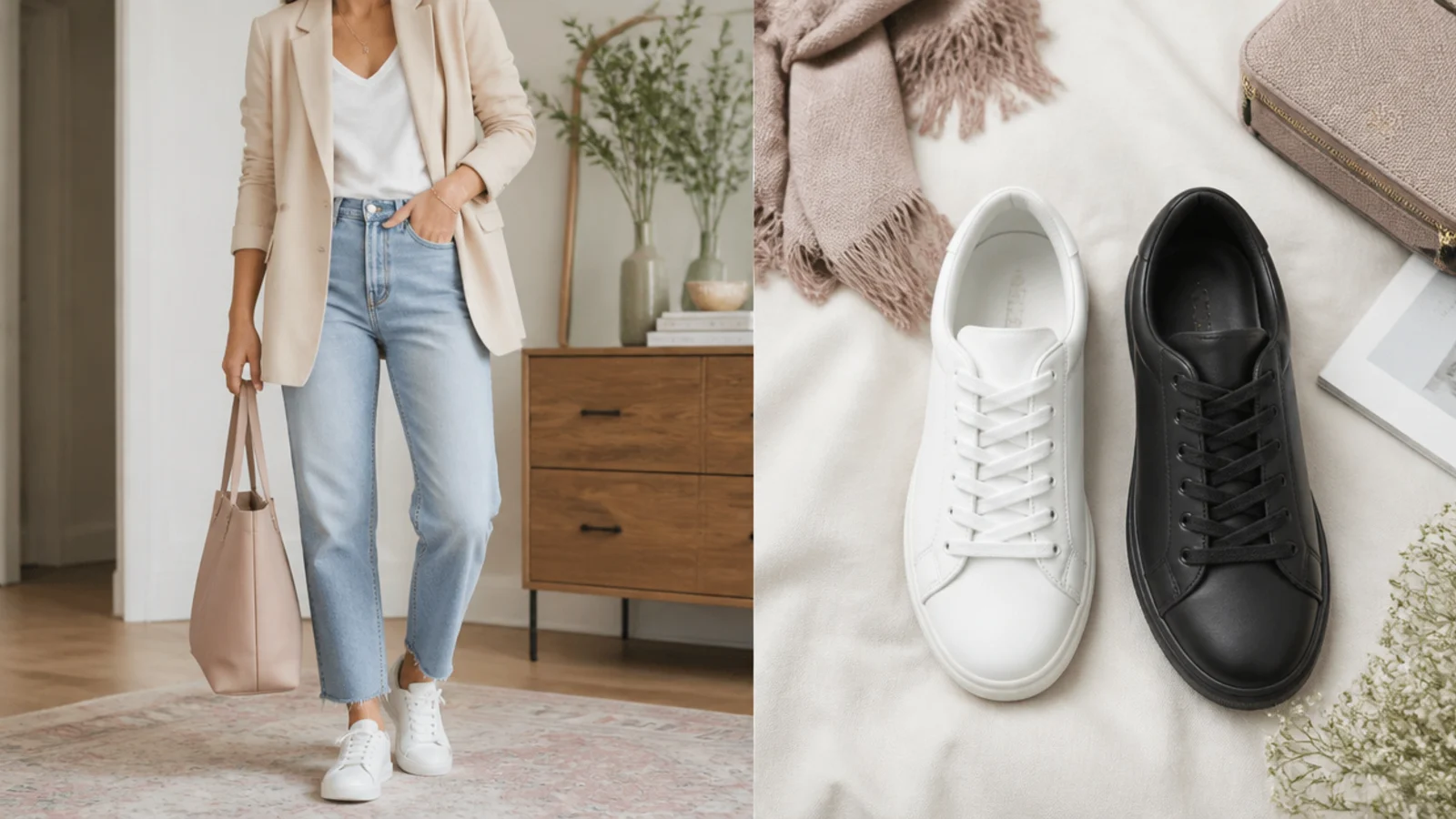 Faceless flat-lay of a white leather sneaker beside a black low-top sneaker as capsule anchors