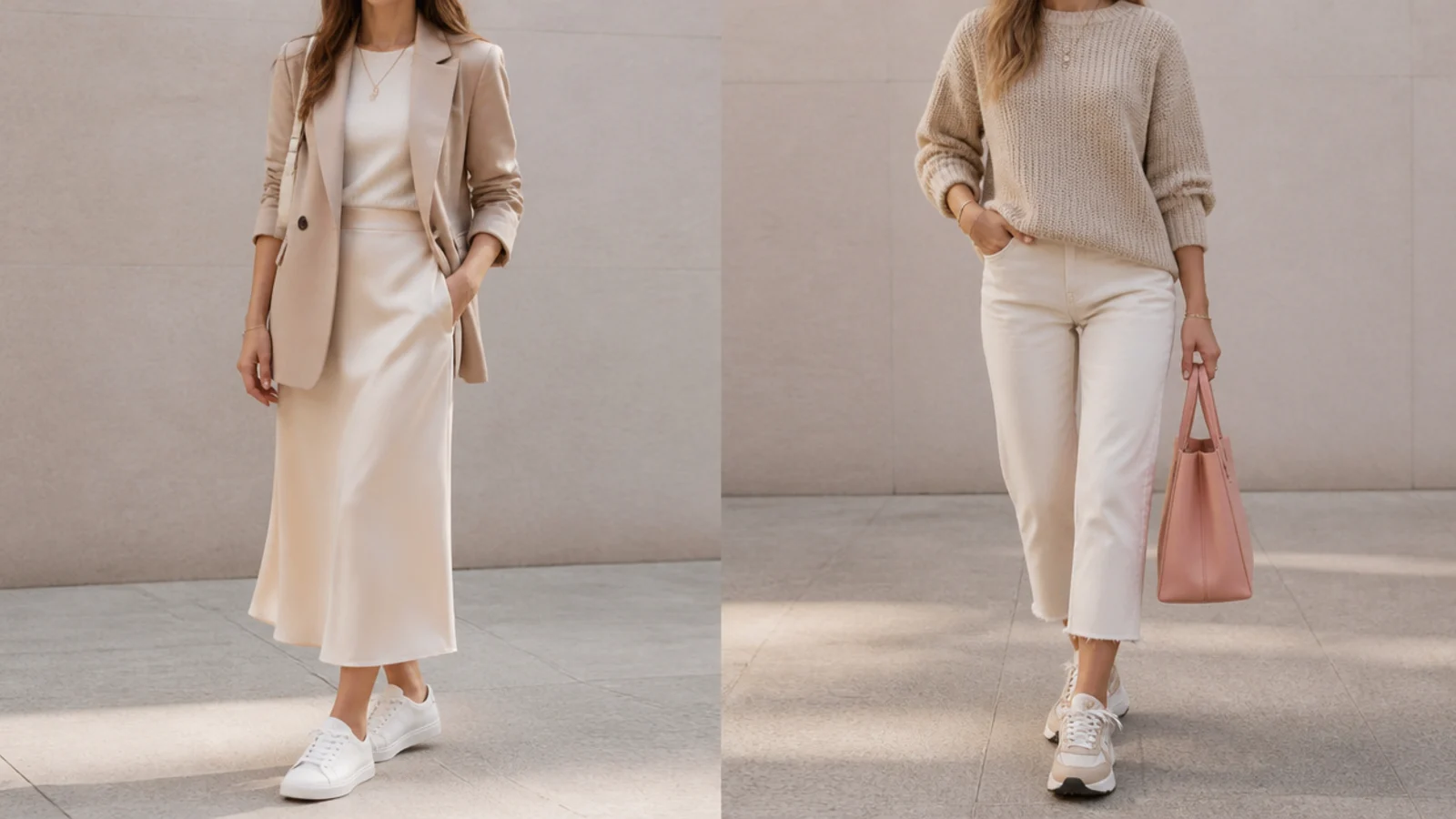 Faceless comparison of a sleek sneaker under a long midi hem and a chunky sneaker with a cropped hem