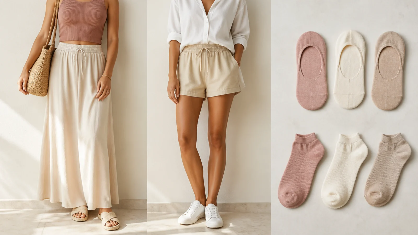 Faceless flat-lay of no-show socks and low ankle socks laid beside a maxi hem and a mini hem