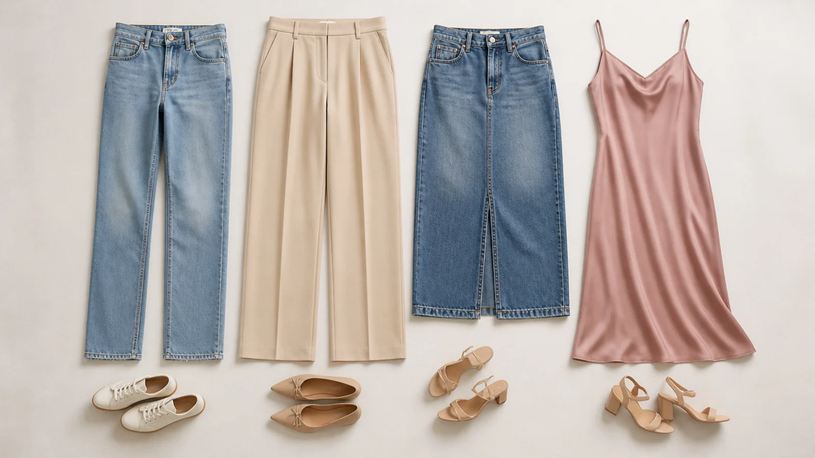 Faceless flat-lay of straight jeans, wide-leg trousers, a denim midi skirt and a slip dress as capsule bases