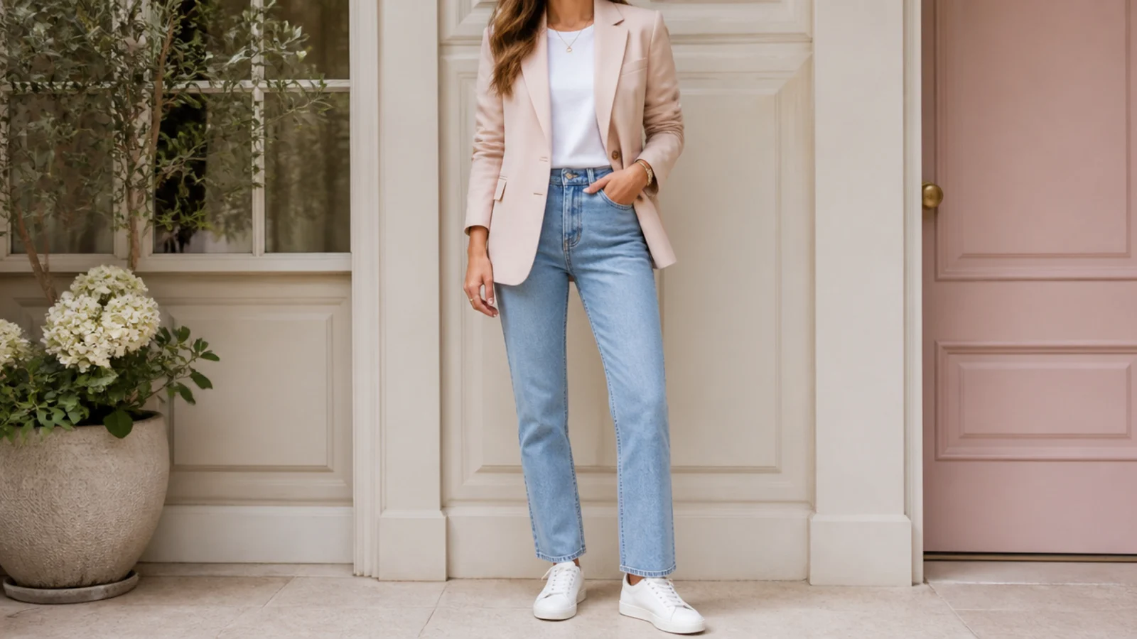 Faceless outfit showing a blazer layered over a tee and straight jeans with white sneakers