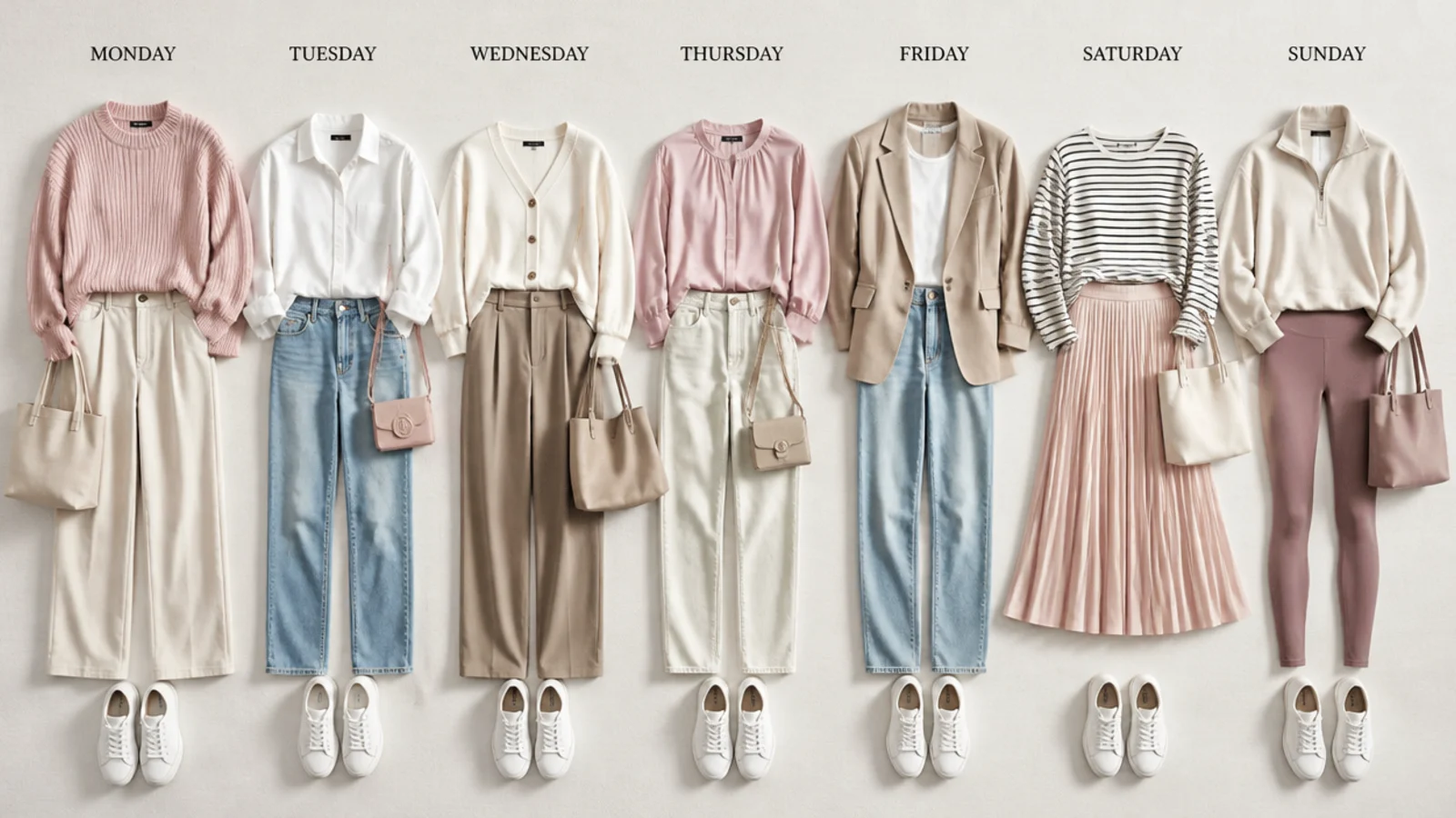 Faceless flat-lay of seven sneaker outfit formulas laid out in a row as a weekly wear plan