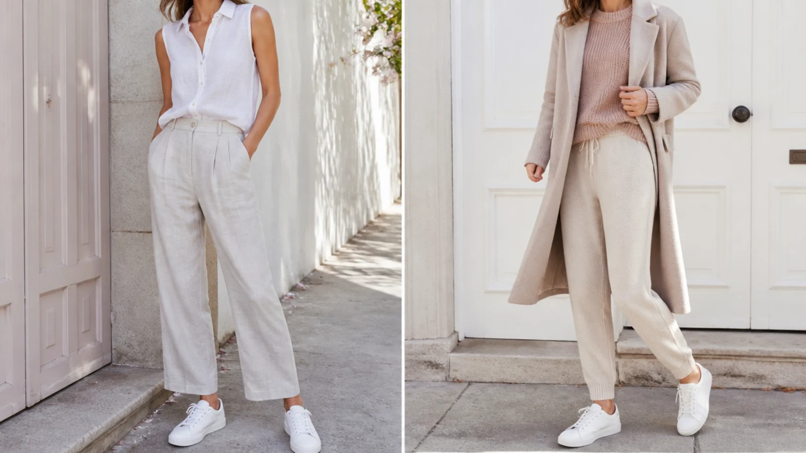 Faceless comparison of a summer sneaker formula in linen and the same formula in knit with a wool coat