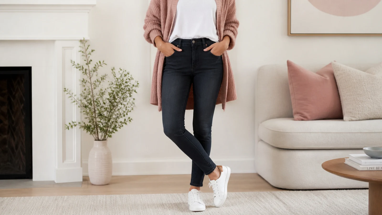 Faceless outfit with dark skinny jeans, a tucked white tee and low-profile white leather sneakers
