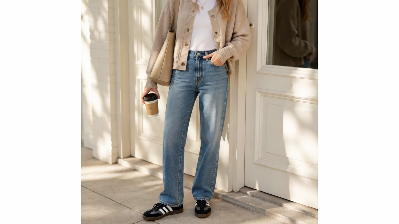 Faceless outfit with mid-wash straight-leg jeans and low black-and-white Samba-style sneakers
