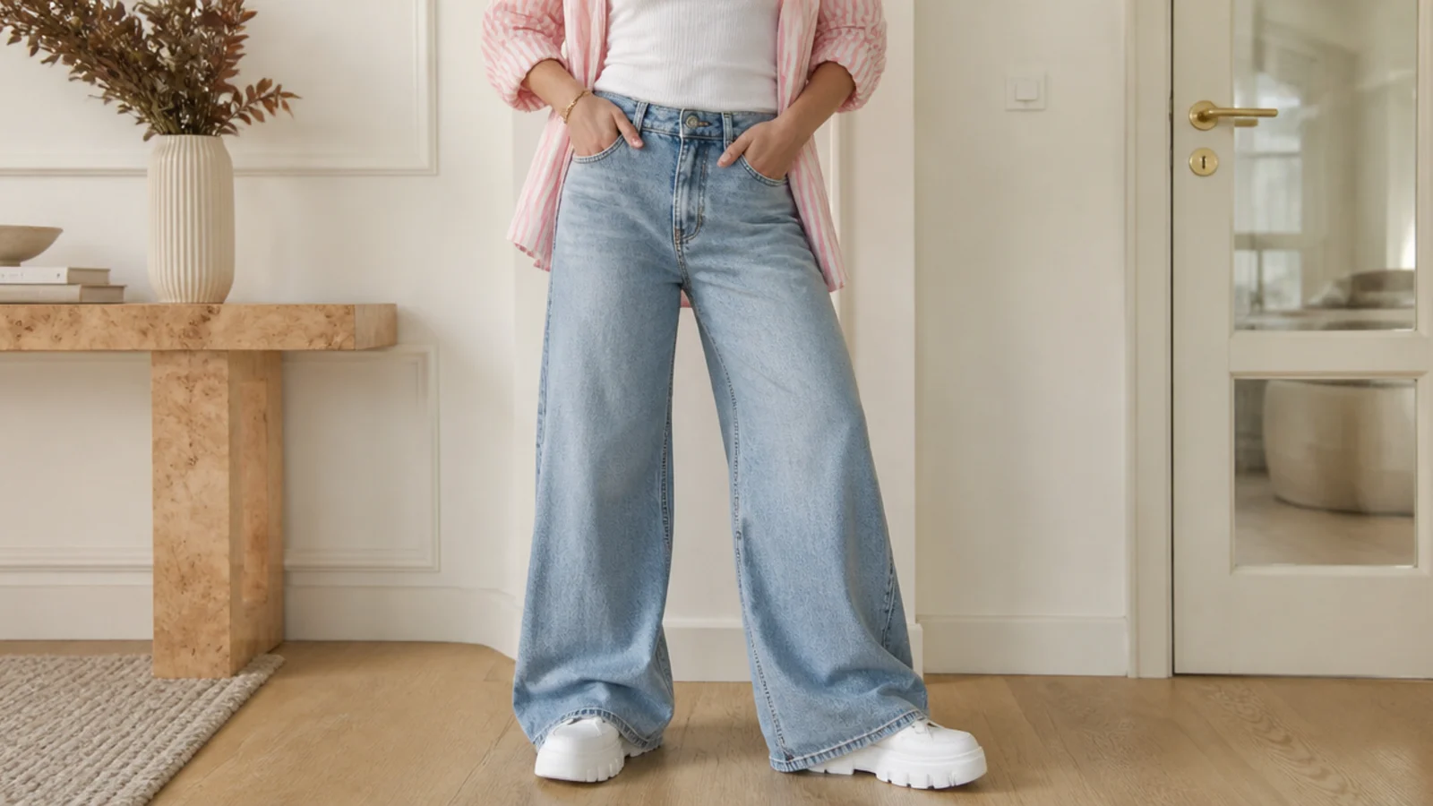 Faceless outfit with high-waisted wide-leg jeans falling over chunky white platform sneakers
