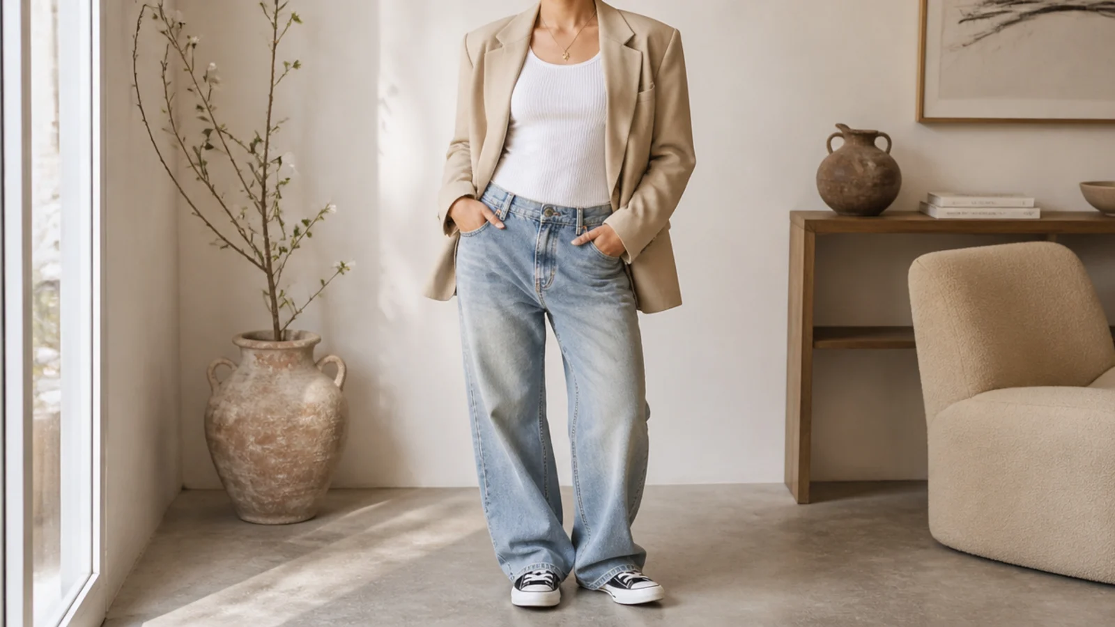 Faceless outfit with relaxed boyfriend jeans, an oversized blazer and low black Converse Chuck Taylor sneakers