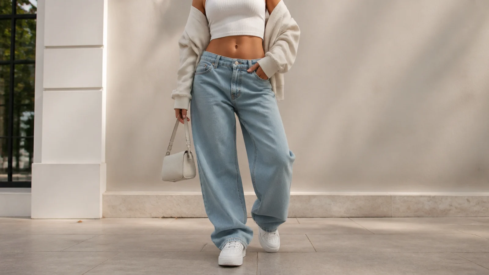 Faceless streetwear outfit with baggy jeans, a fitted crop top and chunky white Air Force 1 sneakers