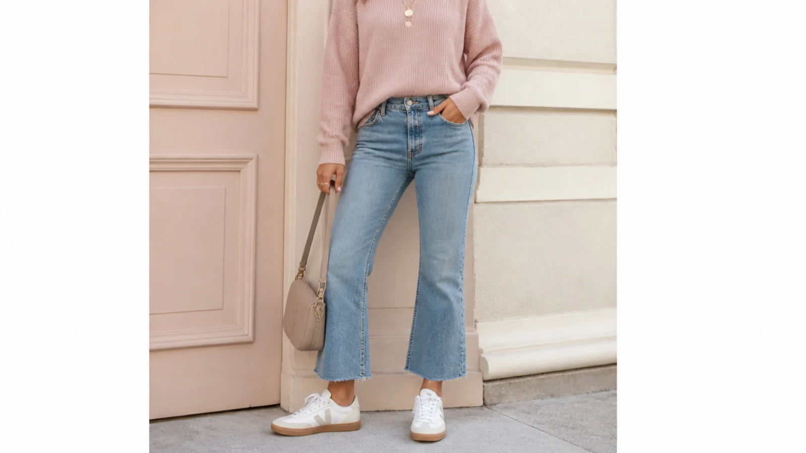 Faceless outfit with cropped flare jeans ending above low white Veja sneakers with a gum sole