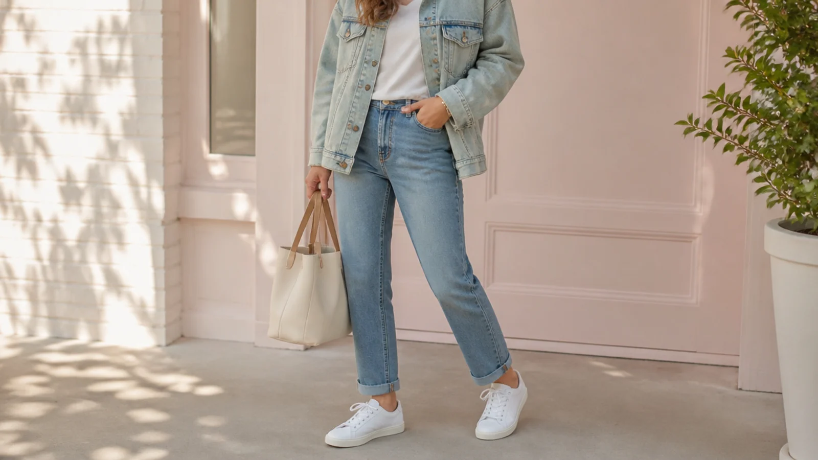 Faceless double denim outfit with a light denim jacket, mid-wash jeans and low white leather sneakers