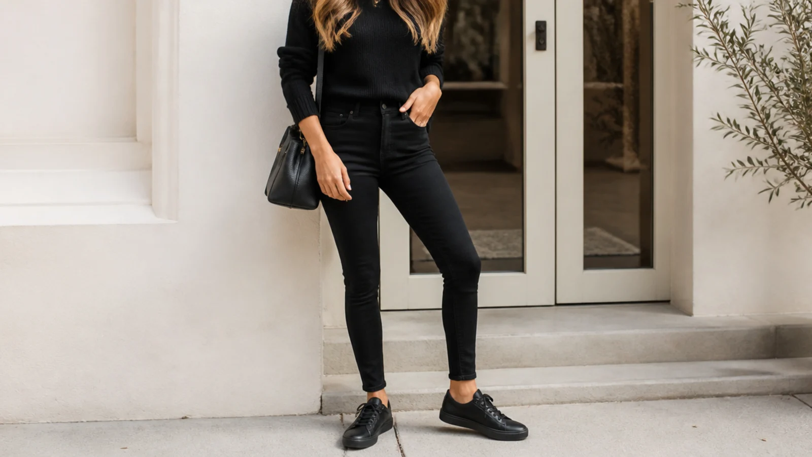 Faceless tonal black outfit with black skinny jeans, a black knit and low black leather sneakers