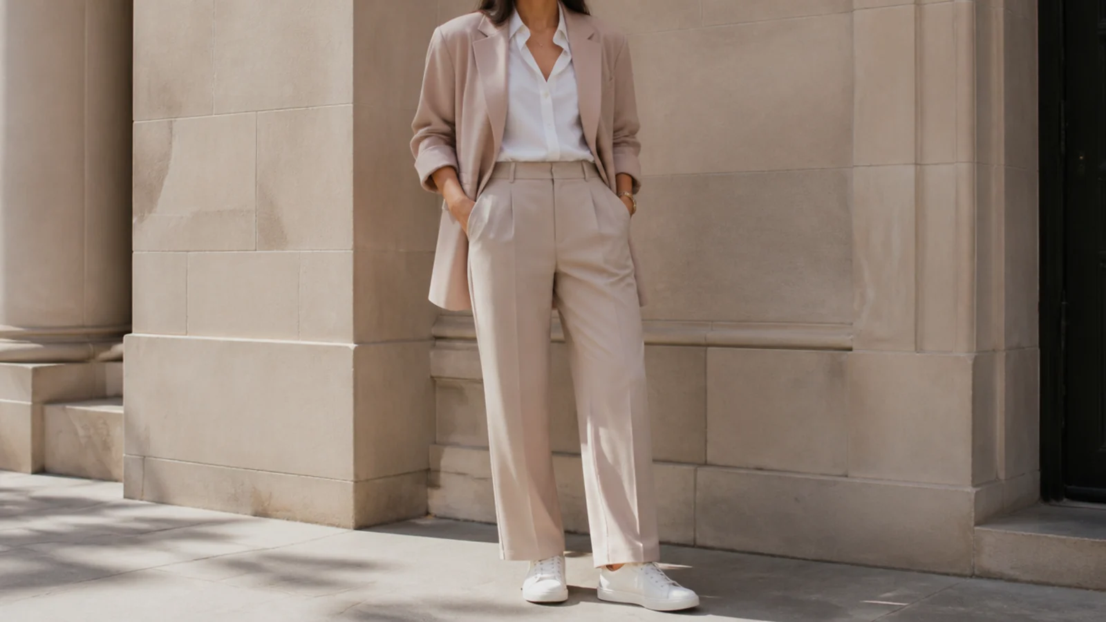 Faceless workwear outfit with tailored trousers, an oversized blazer and low white leather sneakers
