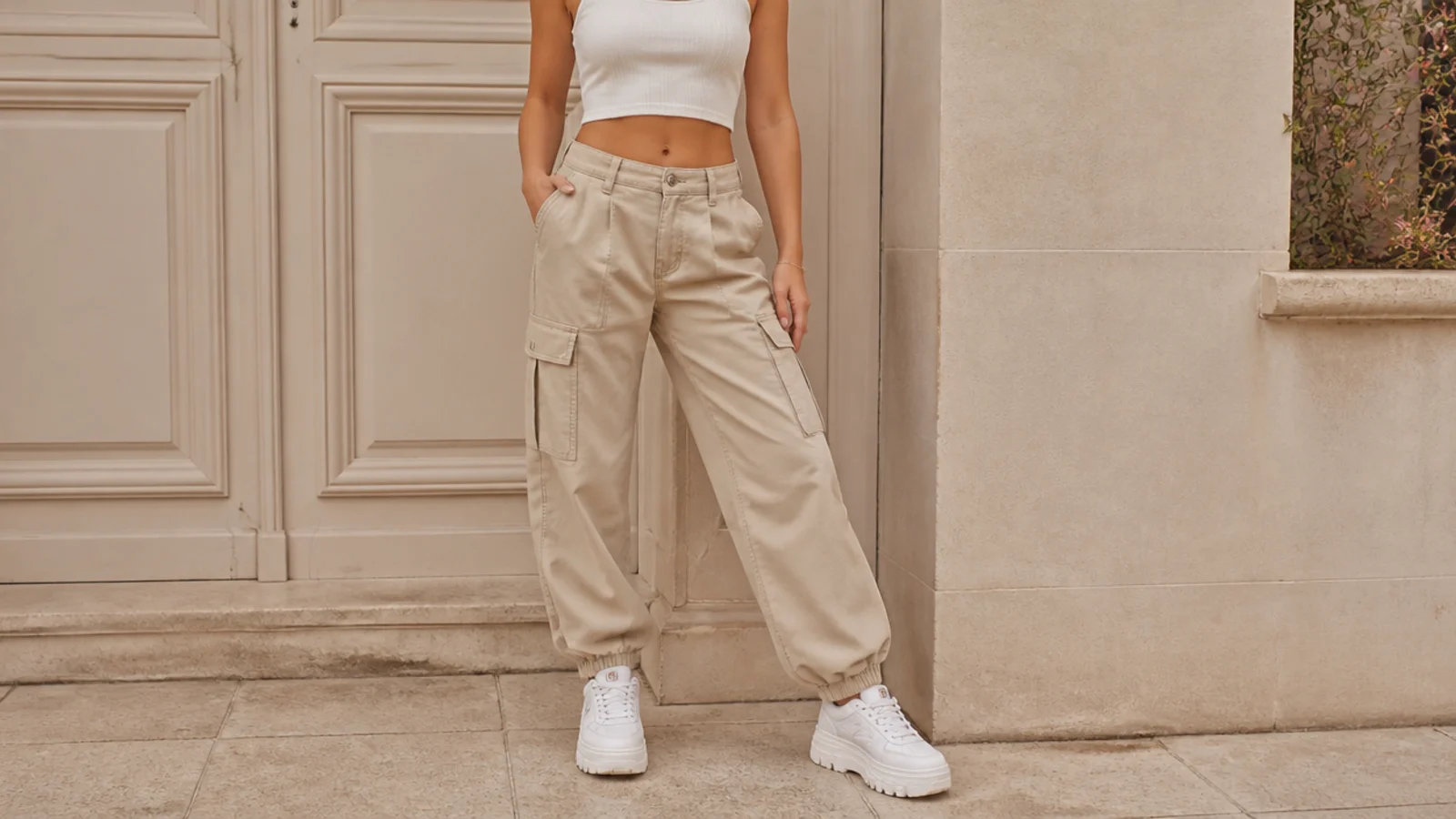 Faceless street outfit with utility cargo pants, a fitted crop top and chunky white platform sneakers