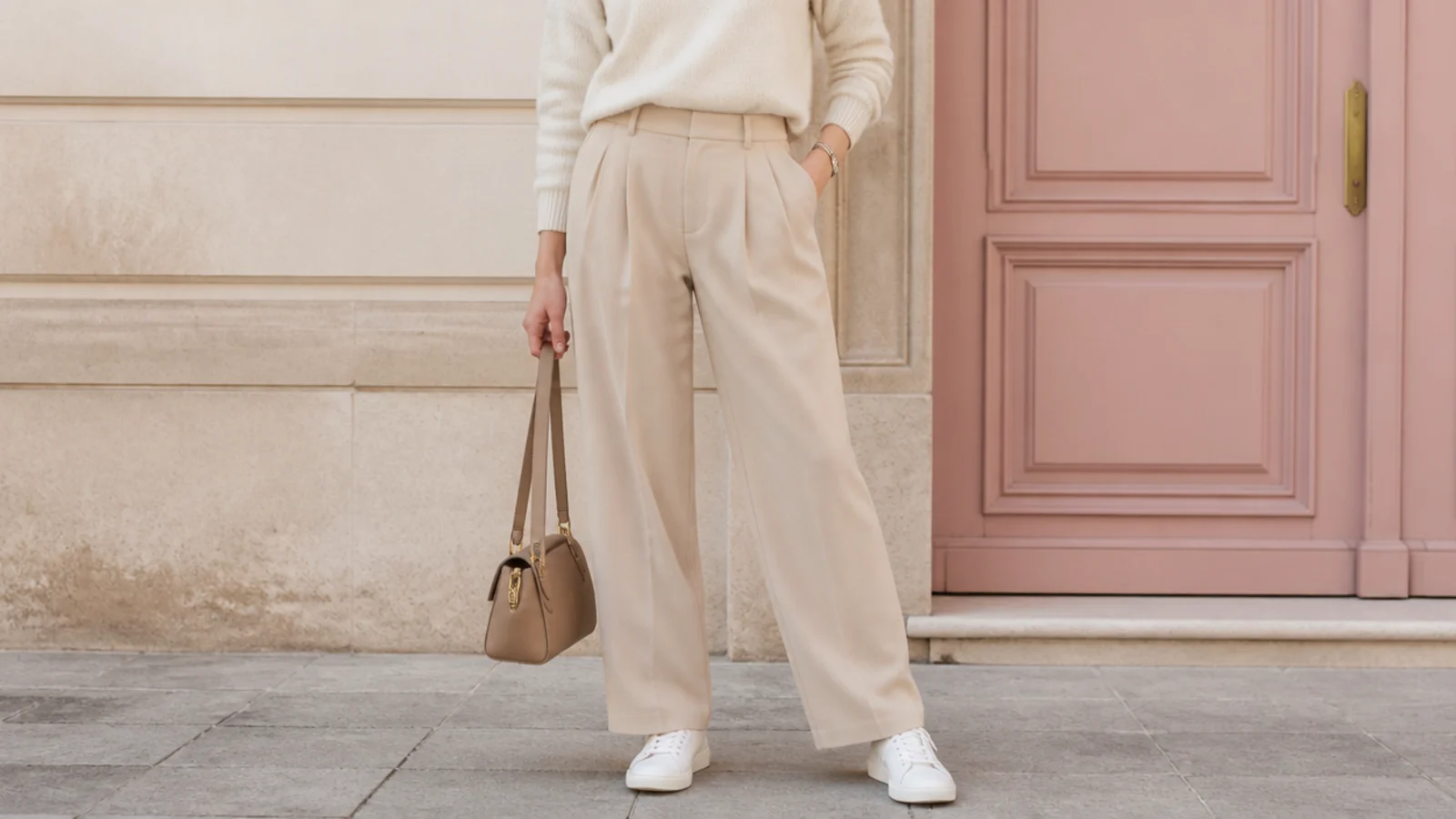 Faceless outfit with high-waisted pleated trousers, a tucked knit and low white leather sneakers