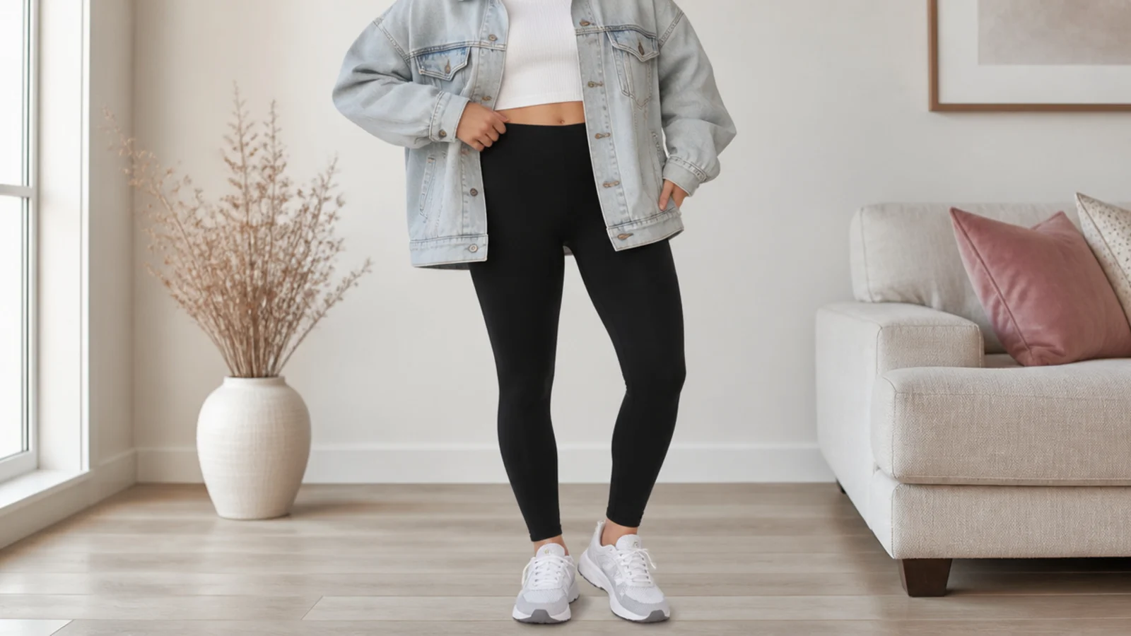 Faceless athleisure outfit with black leggings, an oversized denim jacket and low running sneakers