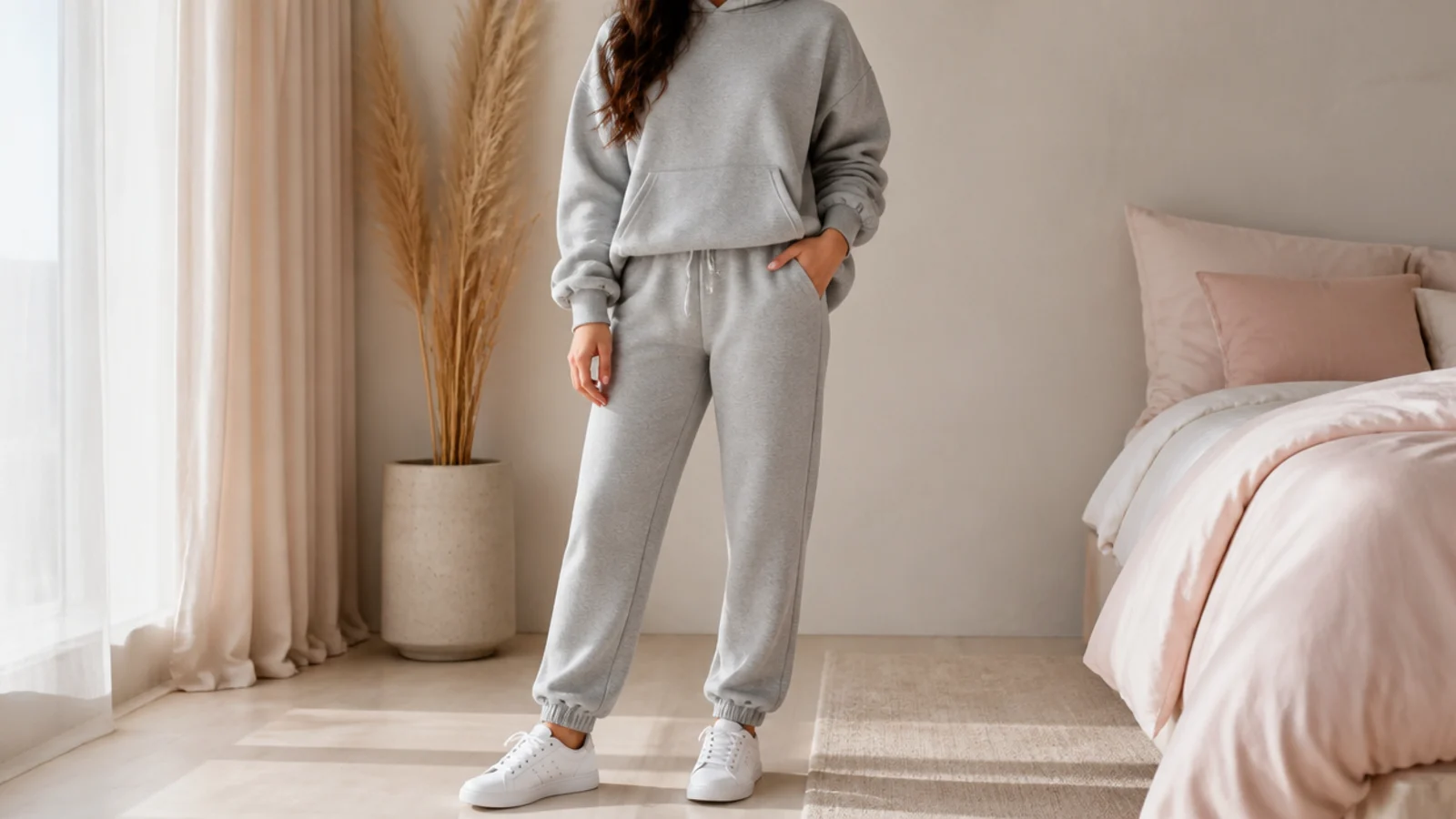 Faceless outfit with a matching gray jogger and hoodie set and low white sneakers