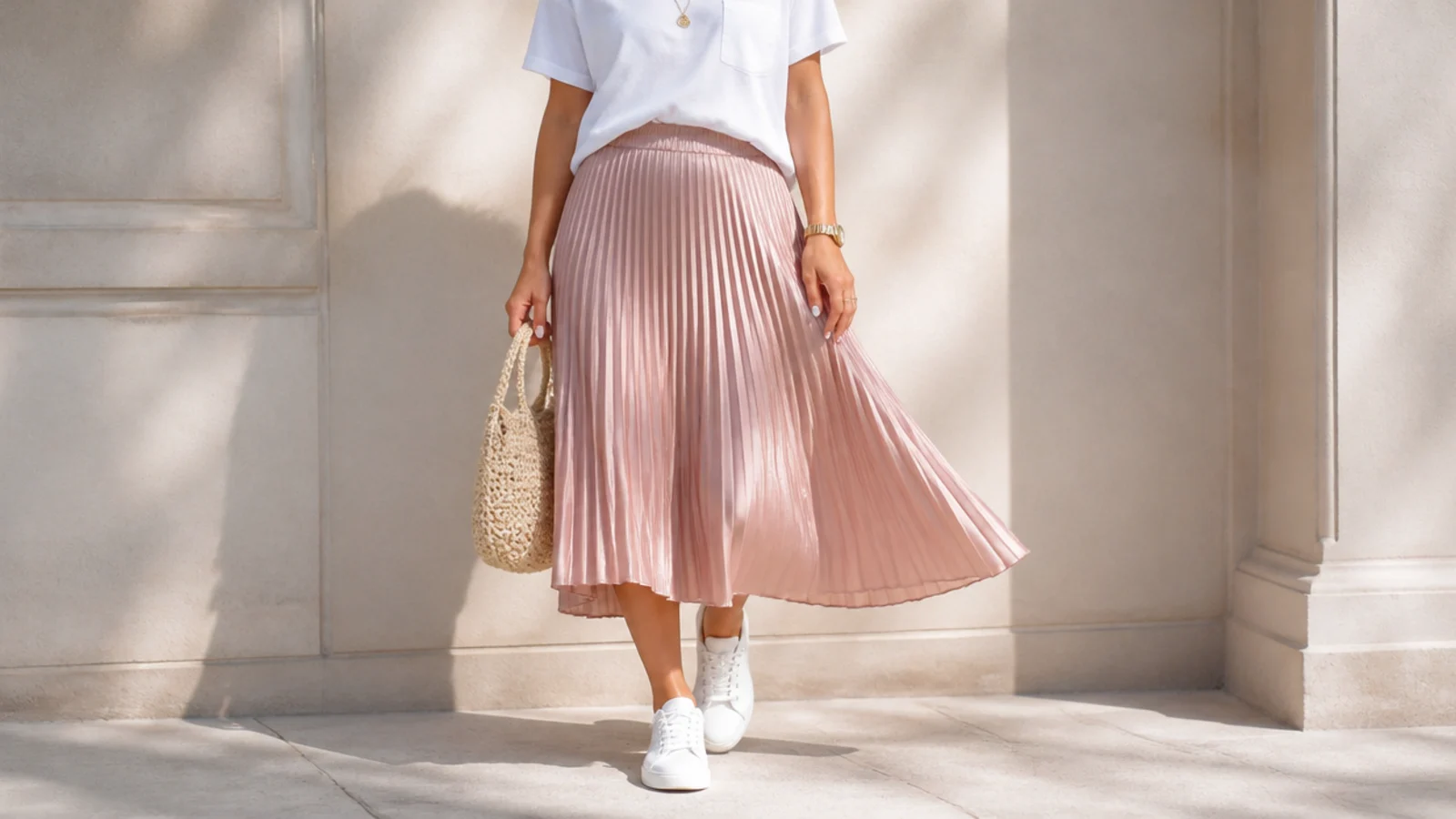 Faceless outfit with a pleated satin midi skirt, a tucked tee and low white leather sneakers