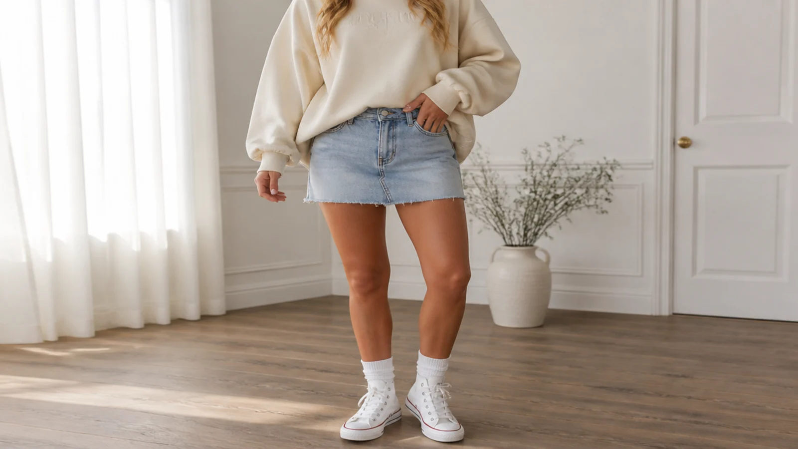 Faceless outfit with a denim mini skirt, an oversized sweatshirt and white high-top sneakers